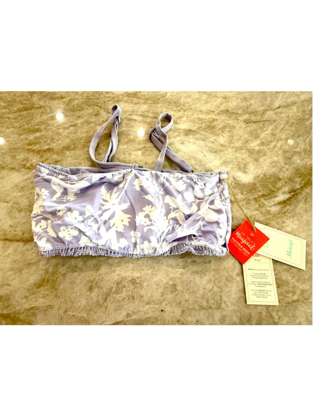 Maaji Purple White Floral Reversible Bikini Top L, tropical lavender, palm tree